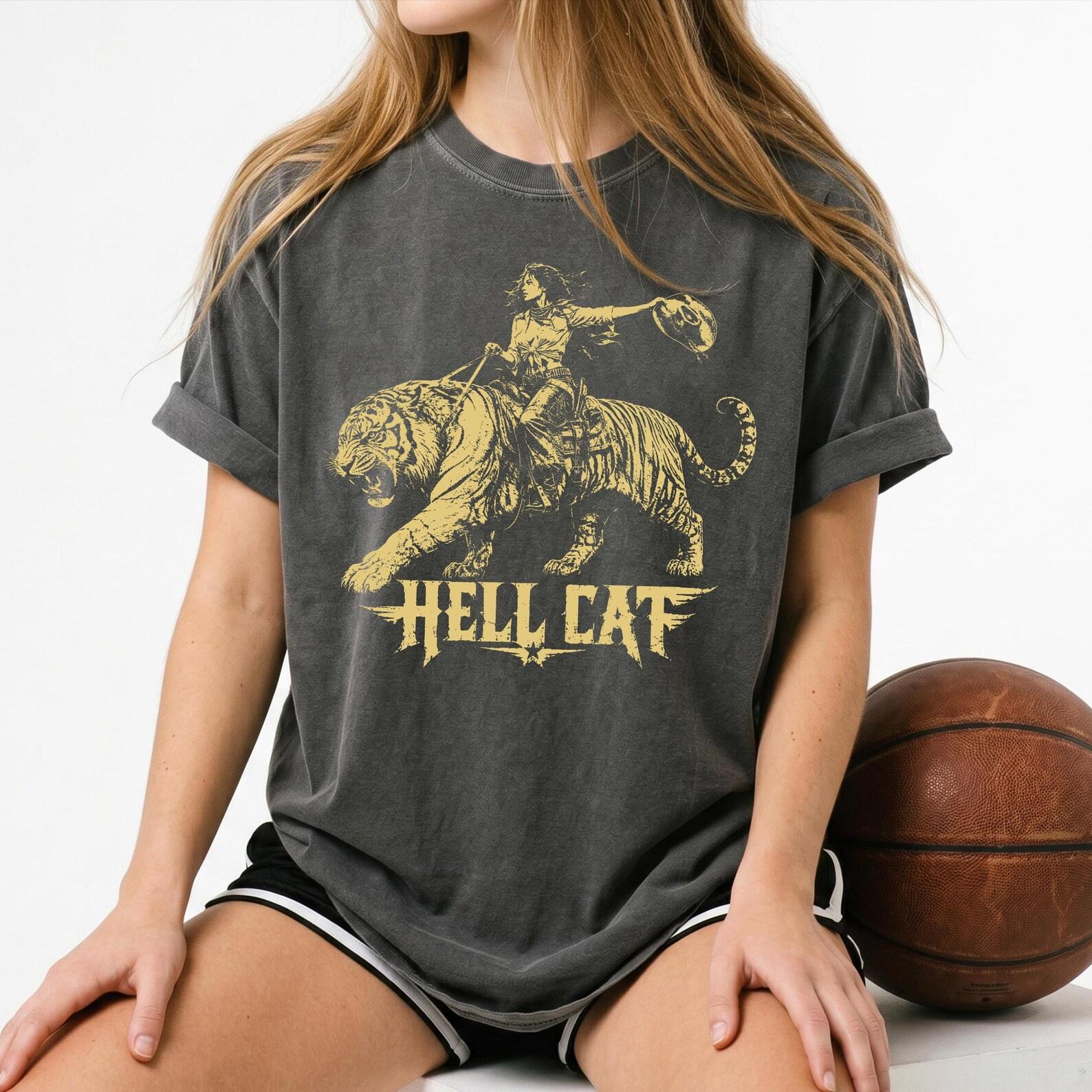 Cowgirl Hell Cat Tiger Graphic Tee, Vintage Western Retro Wild West Shirt S
