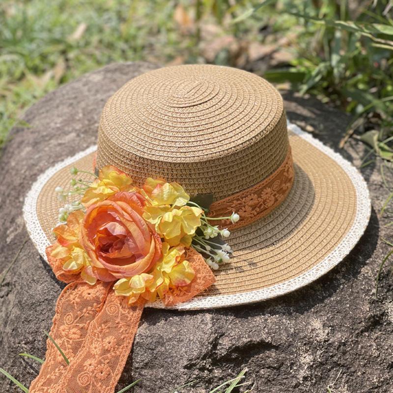 Lace flower flat top straw hat women's new summer outdoor travel sun protection sun hat seaside vacation beach hat