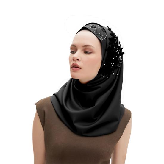 Women Solid Color Lace Rhinestone Muslim Hijab Wrap Islamic Scarf Cap Head Cover