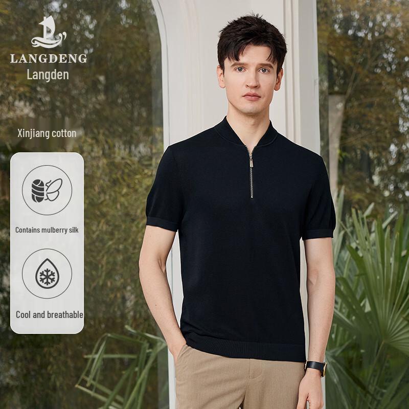 Langdeng Men s Mulberry Silk Blend Baseball Collar T-Shirt M