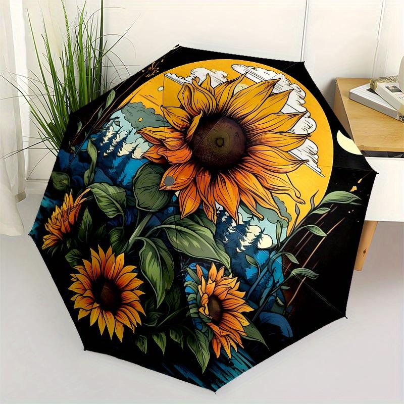 1pc Sunflower Garden Moonlit Night Umbrella with Plastic Handle,Suitable for All Seasons Home Travel Outdoor UmbrellaB1648