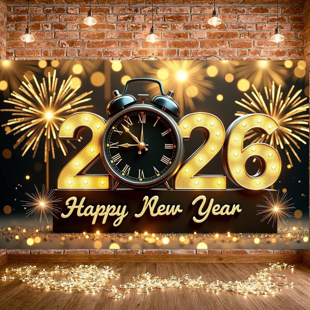 2026 Neujahrsbanner 2026 Design Uhr Dekor Banner Goldene Lichter Banner Beleuchtetes Design Für Feiertagsfeier 2026 Feier