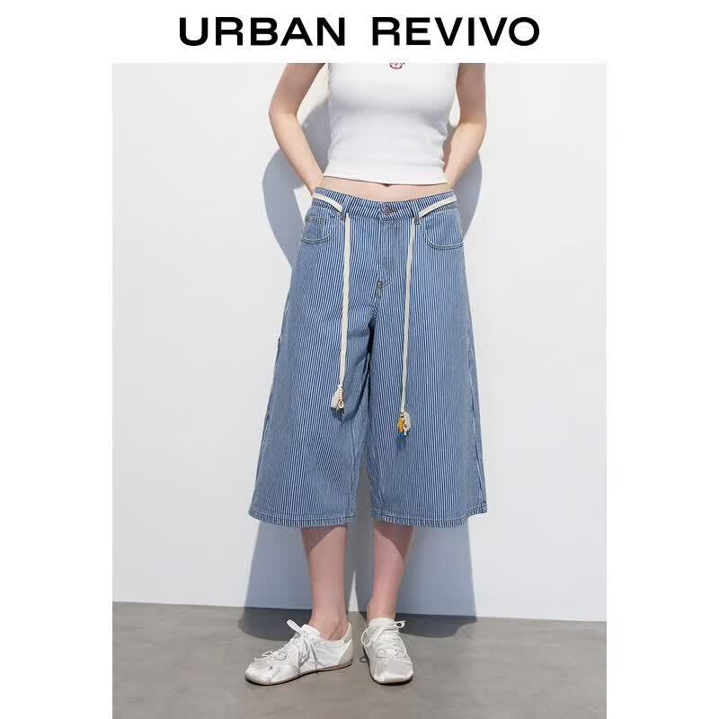 UR2026 Women s Beaded Striped Wide-Leg Cropped Denim Pants 26