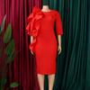 Women Elegant Solid High Waist Ruffle Square Neck Bodycon Midi Dress