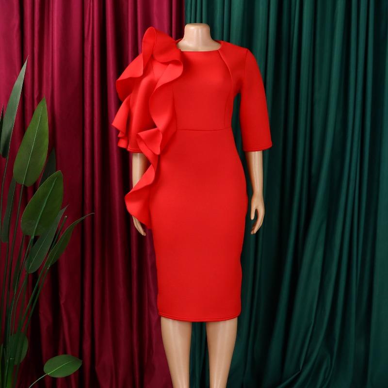 Women Elegant Solid High Waist Ruffle Square Neck Bodycon Midi Dress