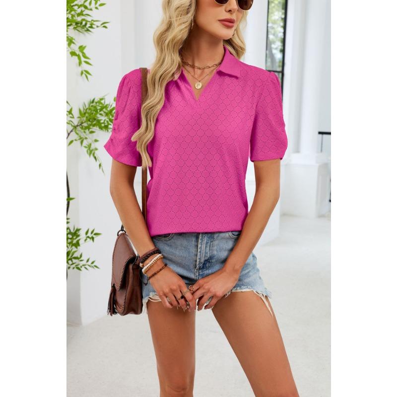 European and American cross-border foreign trade women's summer new V-neck T-shirt puff sleeve loose POLO shirt top