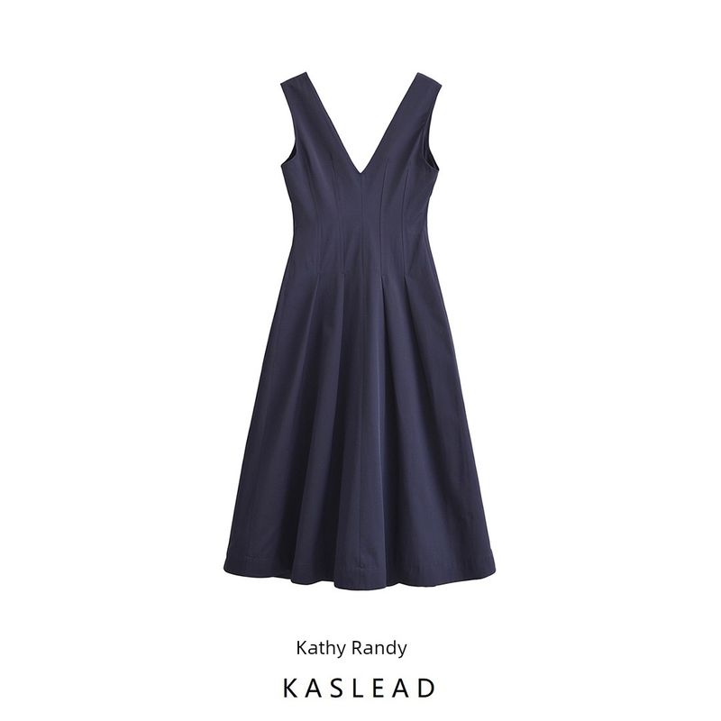 Kaslead New Arrival Women's Clothing Fashion Style Fashion Minimalist Zipper Ornament V Neck Midi Skirt Dress 9479051