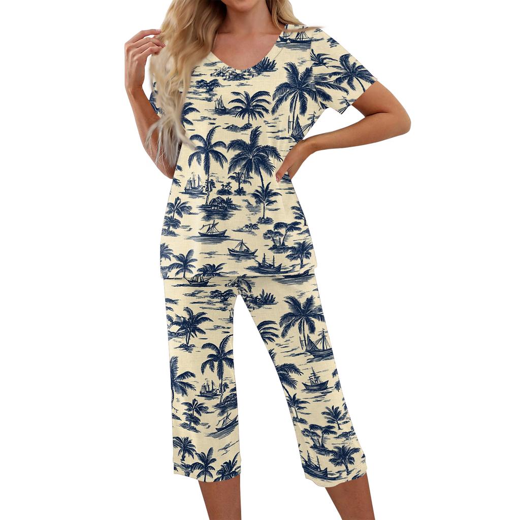 2 Piece Sets For Women Short Sleeve Top And Pants With Pockets Workout Soft Print Sets