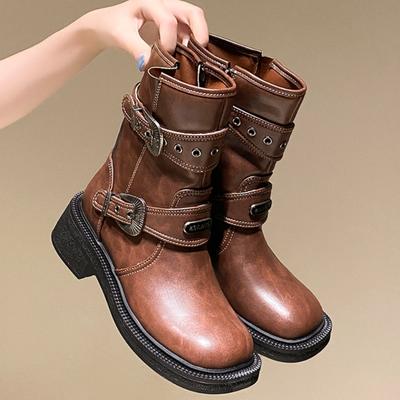Damen Modische Motorradstiefel im englischen Stil mit Reißverschluss, mittelhohe Wadenstiefel, runde Spitze, dicke Sohle, lässige Damen-Ritterstiefeletten D183