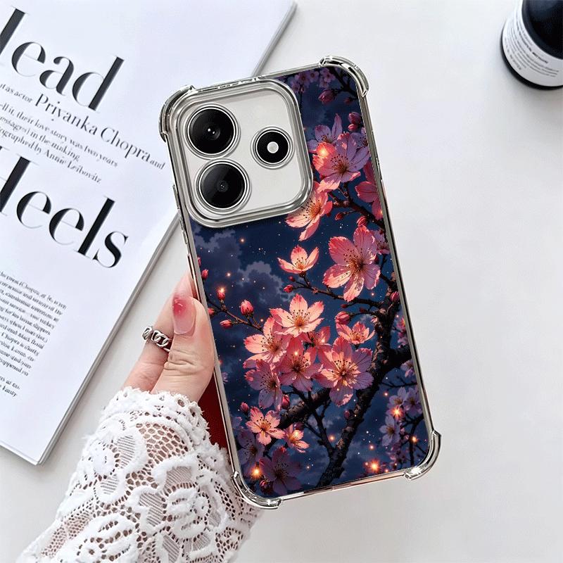 Dreamy Night Cherry Blossom Tree Plating Phone Case For Xiaomi Redmi Note 14 15 Pro Plus 13 12 11 11S 11T 10 9S 9 5G Anti-Fall A