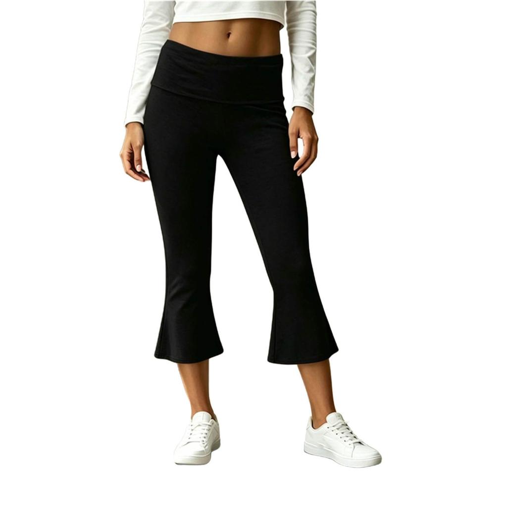Women's Low Waist Folded Flared Capri Pants Stretchy Yoga Trousers Slim Fit Comfortable Casual Wear