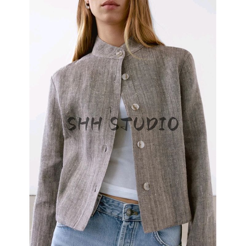 MD Spring/Summer New Arrival Women's Clothing Casual Minimalist Style Old Money Relaxed Linen Blended Stand Collar Outwear 6778772
