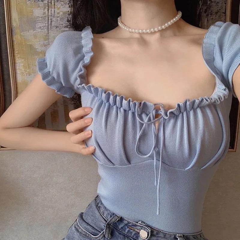 

WTEMPO однотонные топы с открытыми плечами и оборками, женские весенне-летние тонкие гофрированные рубашки во французском стиле, трикотажные рубашки с короткими рукавами One Size синий