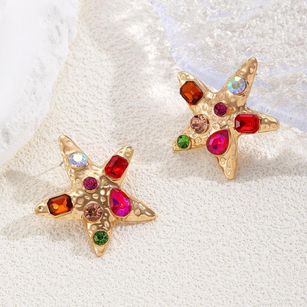 Fashion Versatile High End Personality Sea Star Inlaid Colored Imitation Diamond Design Earrings For Women