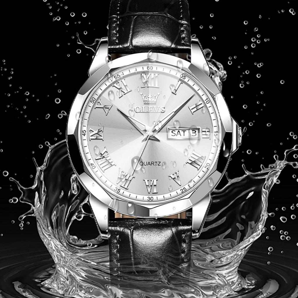 OLEVS Black Waterproof Analog Quartz Watch with Leather Stylish Silver Simple Luminous Date and Day Black Leather Men's Strap, Dial, Design, Display,
