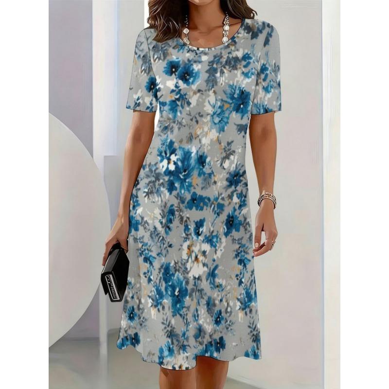 Casual Everyday Plus-size Women s Dress, Printed Pattern Simple Outdoor Women s Clothing, Round-neck Short-sleeve Dress with Comfortable Design S