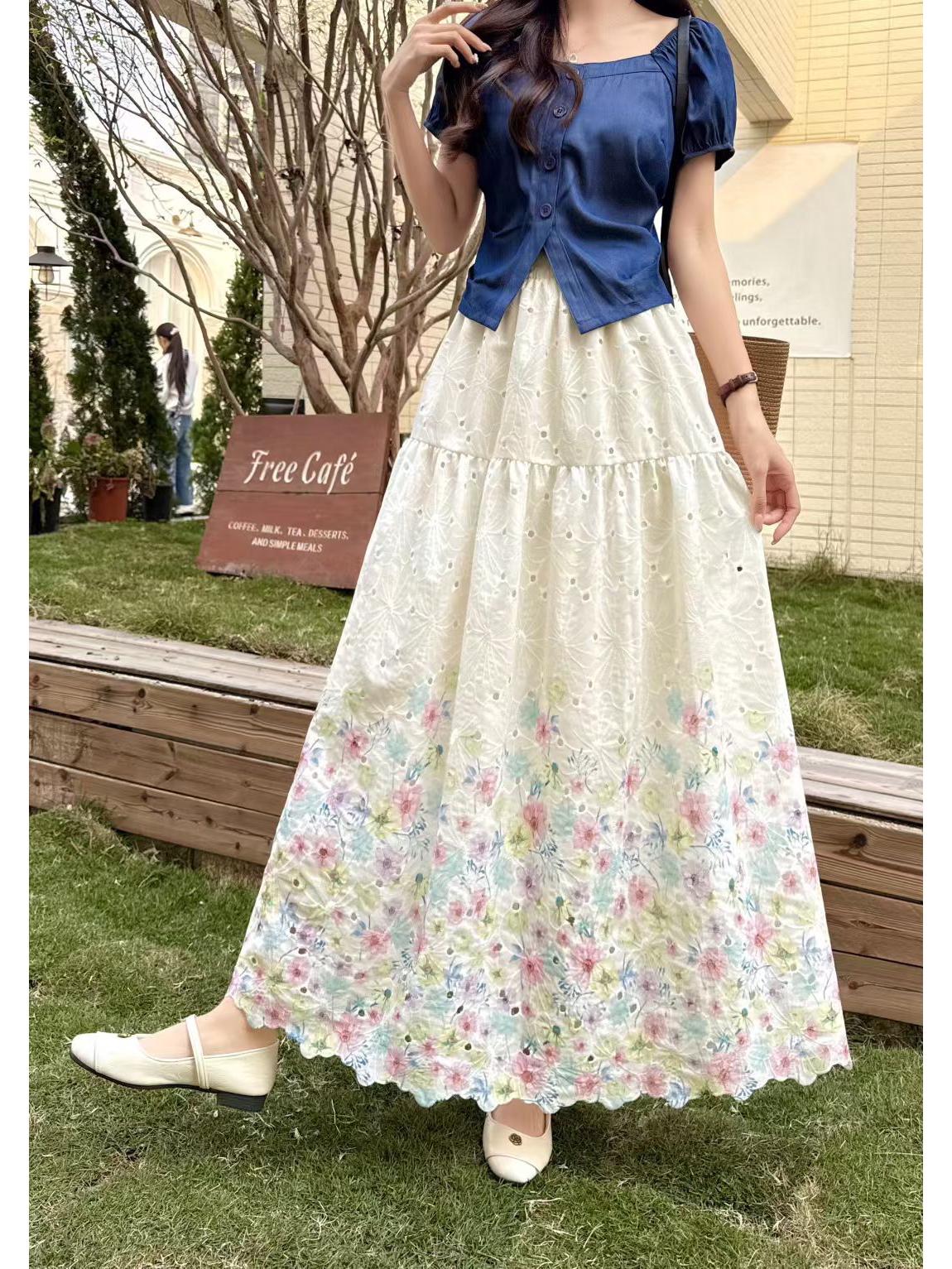French Countryside Embroidered High-Waisted A-Line Floral Skirt for Women One Size абрикосовый