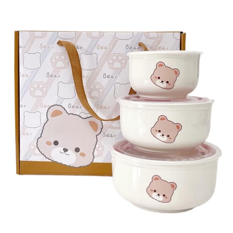 Xiaoyueya Little Bear Ceramic Three-Piece Fresh-Keeping Bowl Gift Set