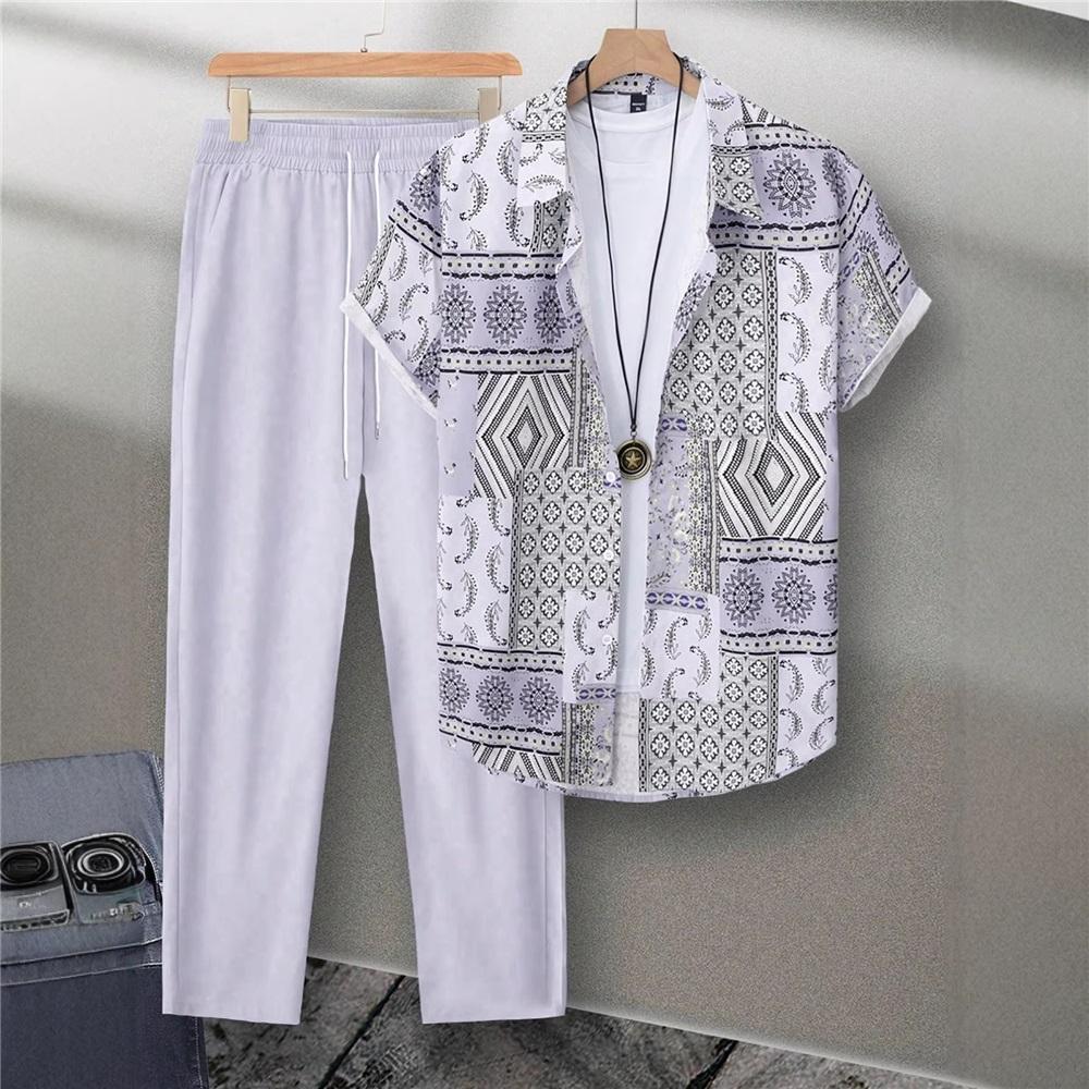 Casual Ethnic Style Short-sleeved Shirt, Trousers Suit, Sports And Leisure 2-piece Set 2XL