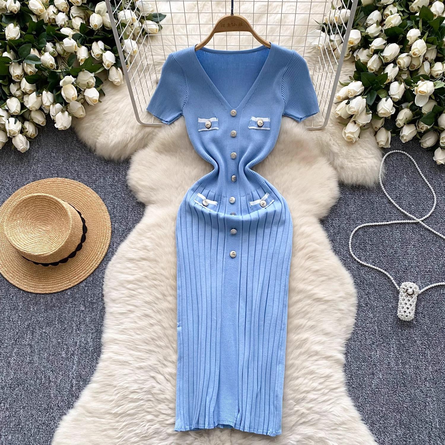 

Harajuku Chic Fashion Sexy Package Hips Large Stretch Knitted Dress French New Elegant V-образным вырезом Buttons Office Lady Bodycon Dresses One Size синий