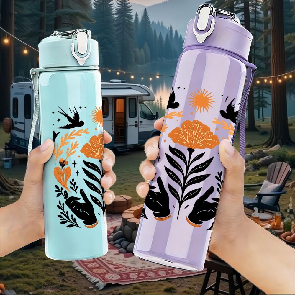1PC Autumn Floral Horse Art 750ml Color Plastic Sports Water Bottle Leakproof Flip Straw Lid Suitable for Sports Office Home Use