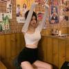 Straps Chic Slanted Shoulders Sexy Neck Pure Desire Spice Girl One-word Long-sleeved T-shirt Women's Slim Top Autumn Short Navel