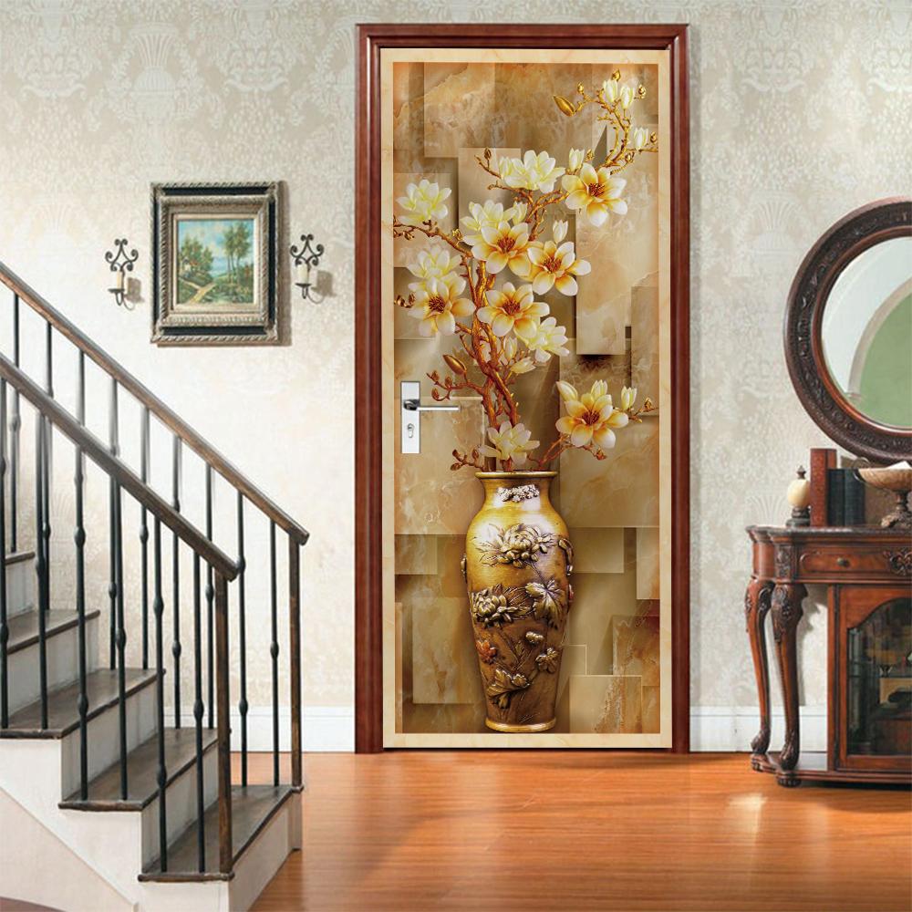 3D Door Mural Sticker Peel and Stick Door Wallpaper Golden Buddha Castle Moon Mermaid Flower Home Decor Removable
