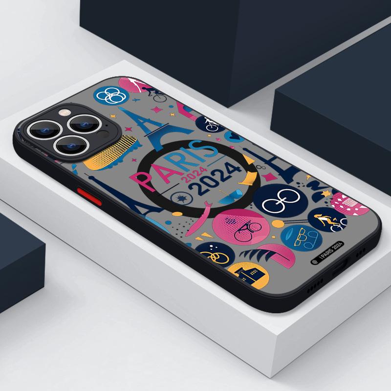 

Для iPhone 16 Pro 15 14 11 Pro Max Plus 13 12 Mini 8 7 Олимпийский узорчатый для беспроводной зарядки Magsafe Мягкие края Акриловый жесткий противоударный чехол iPhone 15 чёрный