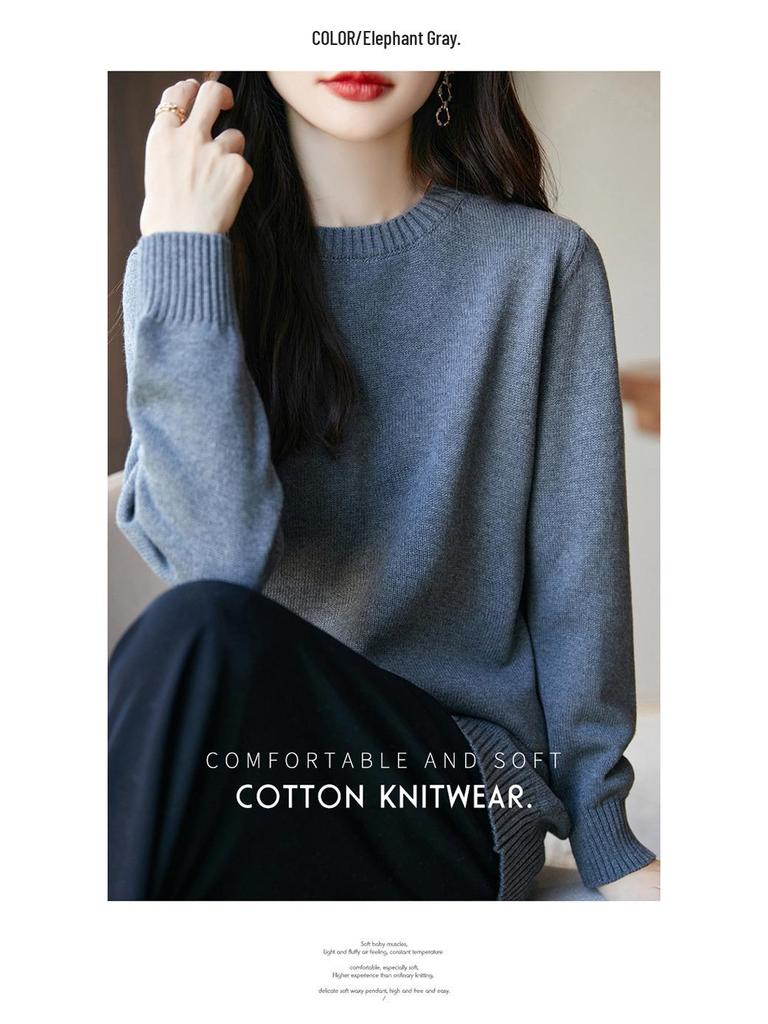 2026 A/W Women's Thick Knit Pure Cotton Dress - Long Sleeve, Solid Color, Round Neck, Loose Mid-Length Skirt