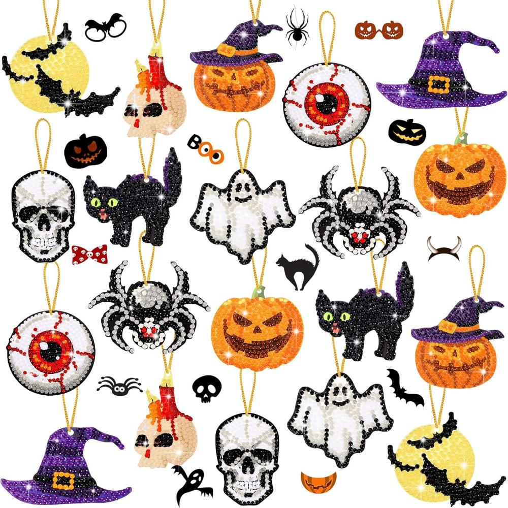 

Jetec 20 шт. Хэллоуинские бирки для алмазной живописи 5d Набор для алмазной живописи своими руками Череп Привидение Тыква Летучая мышь Бирки Подвесные украшения для DIY поделок Хэллоуинской вечеринки