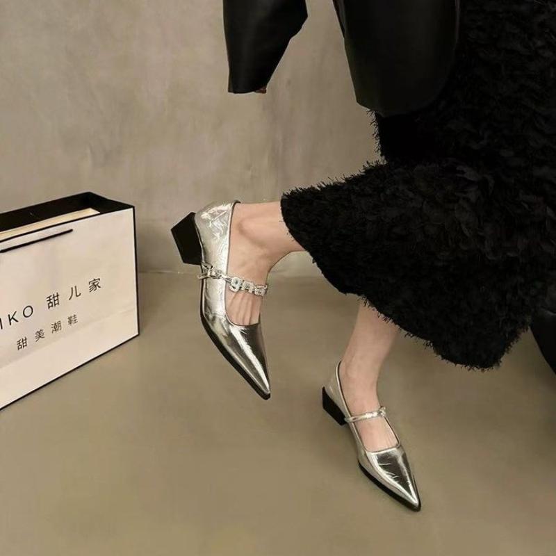 Mary Jane Shoes Comfortable Lightweight Thick Heel Shoes Women's Leather Shoes Fashion Classic Silver Pointed Low Heel Sandals