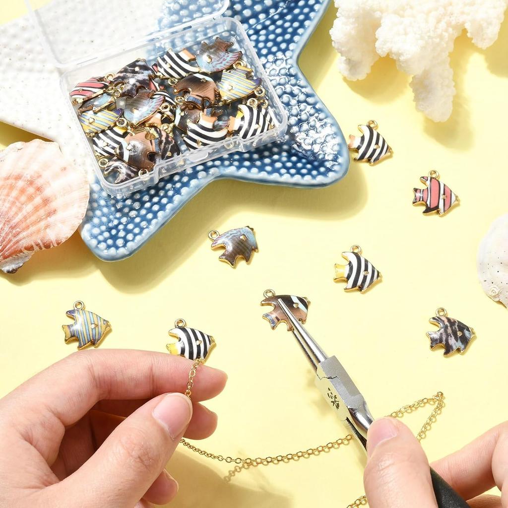 DanLingJewelry 35Pcs 7 Styles Enamel Fish Charms Flower Printed Ocean Animal Charms Tropical Fish Enamel Charm Pendants for Jewelry Making
