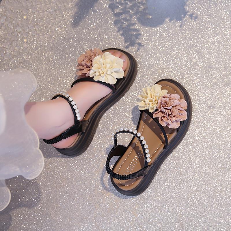 Fashion 2025 Sandals Retro Woman Shoes Open Toe Summer Heels All-Match New Original Peep Flat Outside Pearl Girls Floral Flower