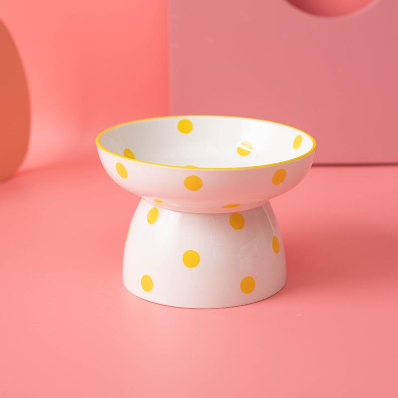 Ceramic Tall Footed Drinking Water Bowls, Anti Overturning Oblique Mouth, Neck Protection, Round Dot Cat Bowl, Pet Articles, 1Pc