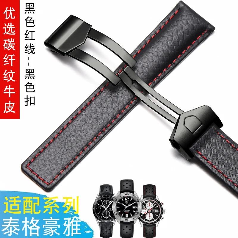 19mm 20mm 22m Cowhide Watchband For TAG Heuer Calera Monaco F1 Black Red Men Genuine Leather Strap Metal Folding Buckle Bracelet