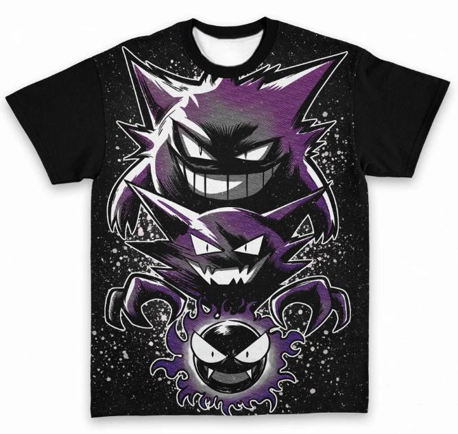 Adult and Kids Pokémon Gengar Dark Style T-Shirt, Gastly Evolution Chain 3D All-Over Print Personalized Short Sleeve