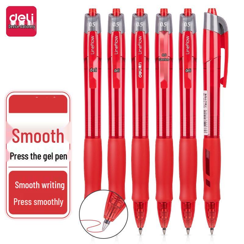 Deli Quick-Drying Press-Type 0.5mm ST Nib Student Pen: Transparent Barrel Black Ink.