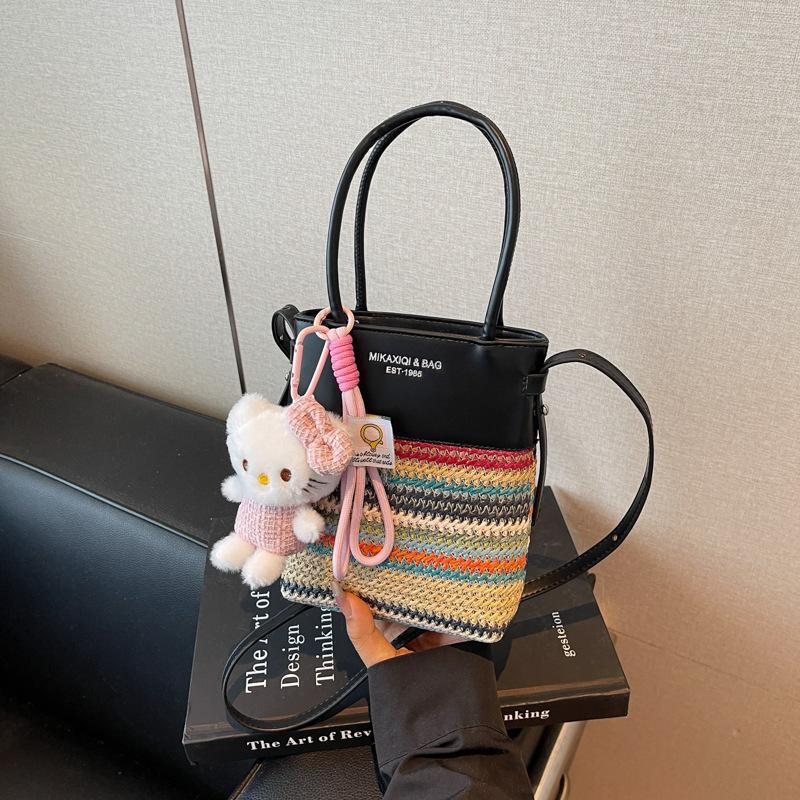 Color Contrasting Stripes Cute Bucket Bag 2025 Summer New Trend Niche Single Shoulder Braided Splicing Messenger Women's Bag