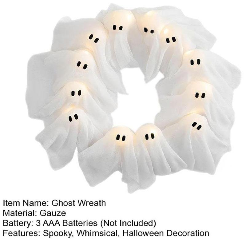 Halloween Lit Ghosts Wreath LED Light-Up White Ghost Garland,Spooky Deco 15.75in