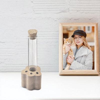 Pet Hair Memorial Bottle Transparent Tube And Wooden Cat Paw Base Cat Whiskers Keepsake