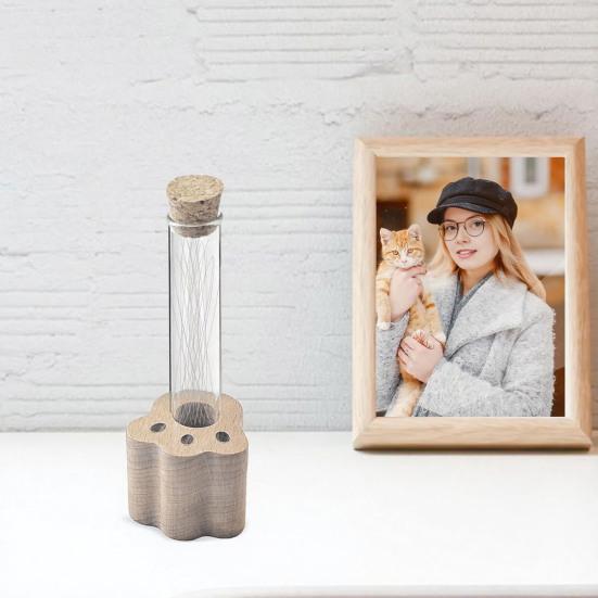 Pet Hair Memorial Bottle Transparent Tube And Wooden Cat Paw Base Cat Whiskers Keepsake