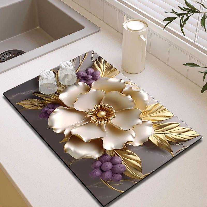 3D Floral Diatom Mud Drain Pad - Heat-Insulating, Quick-Drying, Non-Slip Kitchen Mat