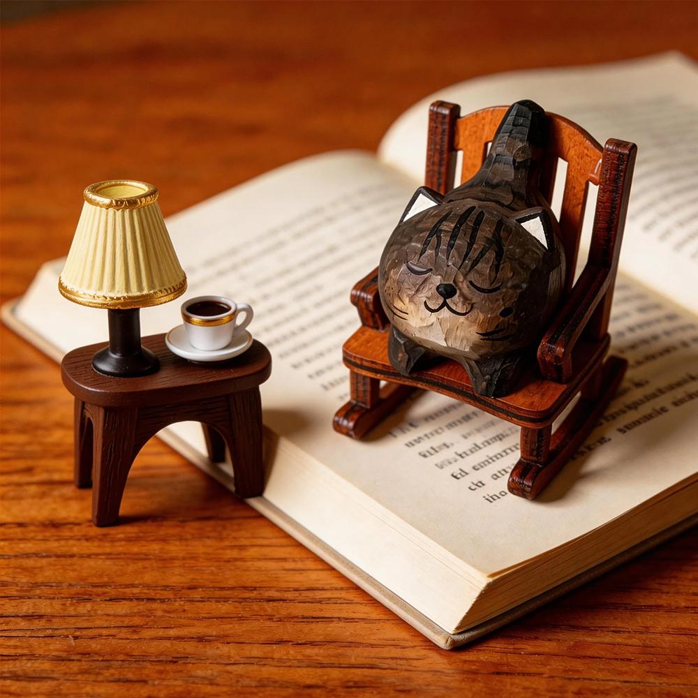 Cute Cat Animals Figurine Decorative Wooden Ornament Miniature Kitten Coffee Home Bedroom Office Desk Decoration Gift Statue