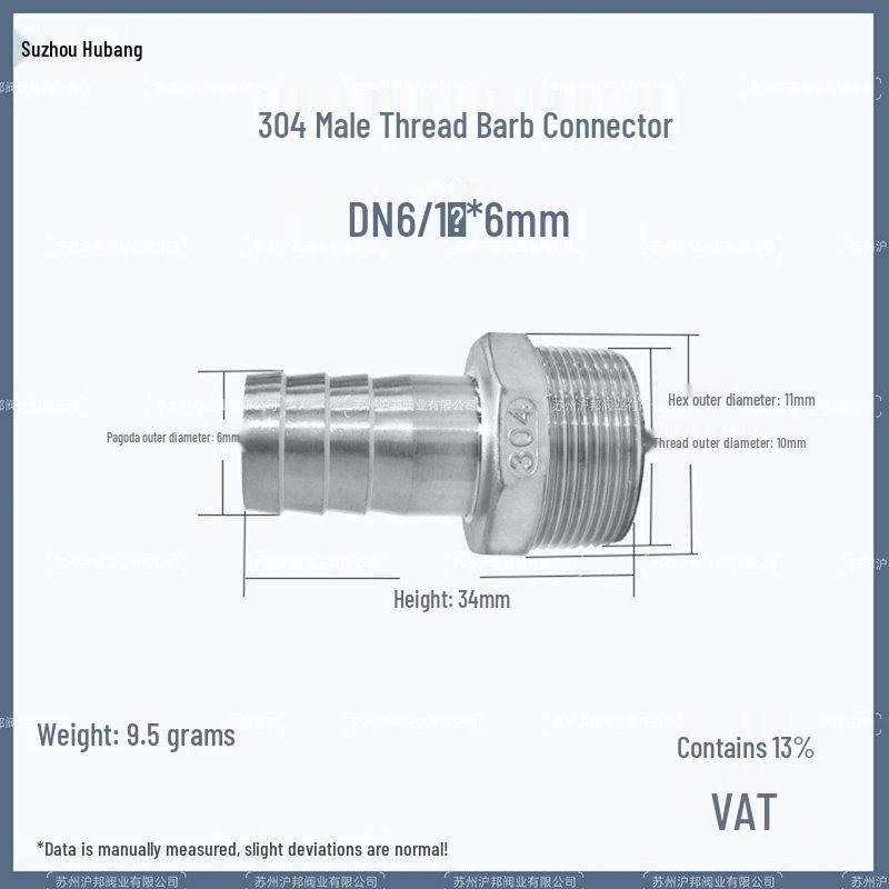1" Hexagonal Barb Connector, 304 Stainless Steel for Water Pipe Hose, 316 Male Thread Plug