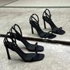 Mode Damen Sandalen mit eckiger Spitze und hohen Absätzen Sexy Stiletto Offene Ferse Schwarz Riemchen mit Schnalle Sommer Schuhe Modisch Rutschfest