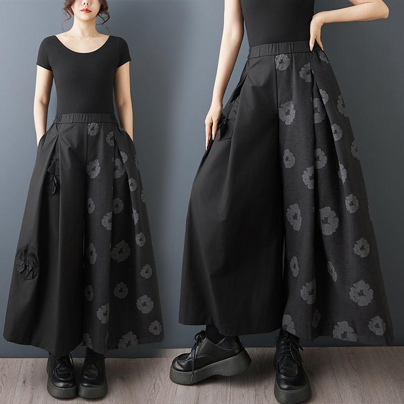 DIMANAF 2026 Plus Size Women New Long Pants Black Floral Loose Trousers Big Size Casual Spring Summer Bottoms Skirts
