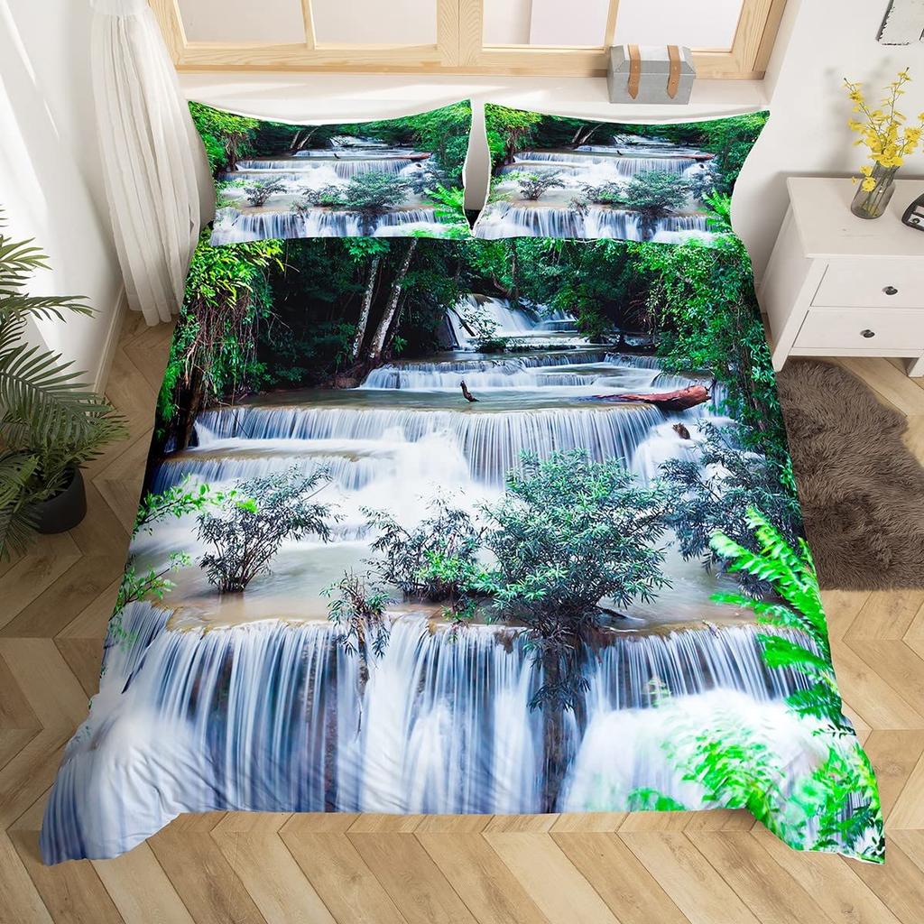Waterfall Duvet Cover Sets For Teens Adults Queen Quilt Covers Lightweight Down Room Decor 2 Pillowcases 1 Duvet Cover No Quilt