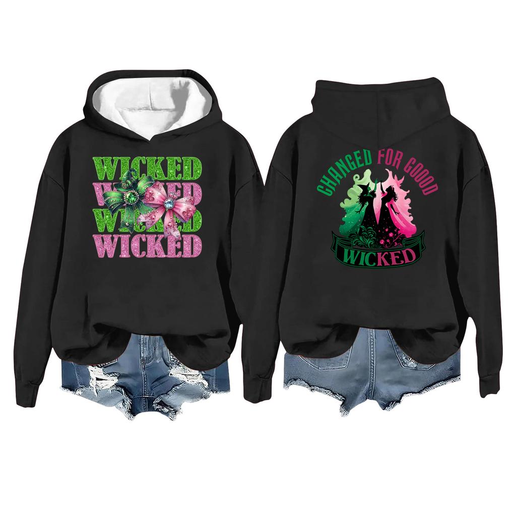 Women's Casual Long Sleeve Pullover Witch Print Hooded Sweatshirt