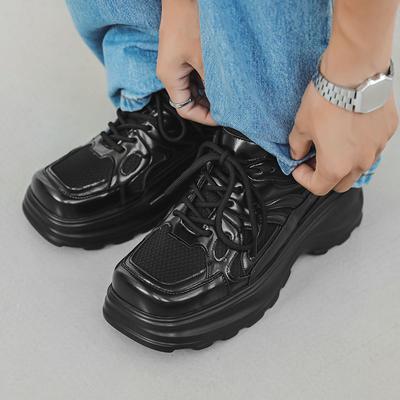 Sapatos Casuais Masculinos de Couro Preto Plataforma Grossa Estilo Streetwear Japonês Karajuku Coreano Tênis Masculino Cadarço