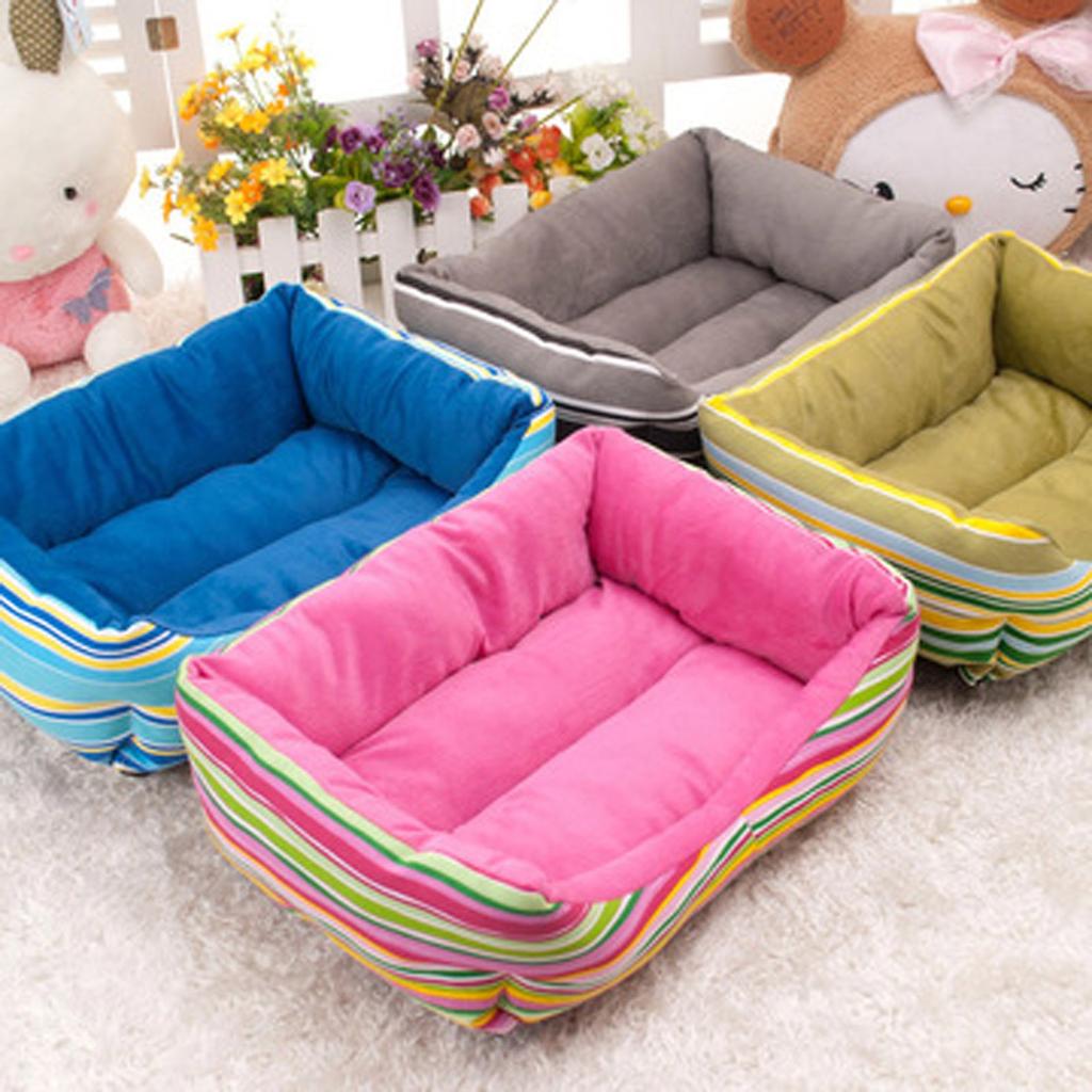 Rectangular Soft Plush Pet Bed with Striped Pattern and Raised Sides for Small Dogs and Cats Indoor Use